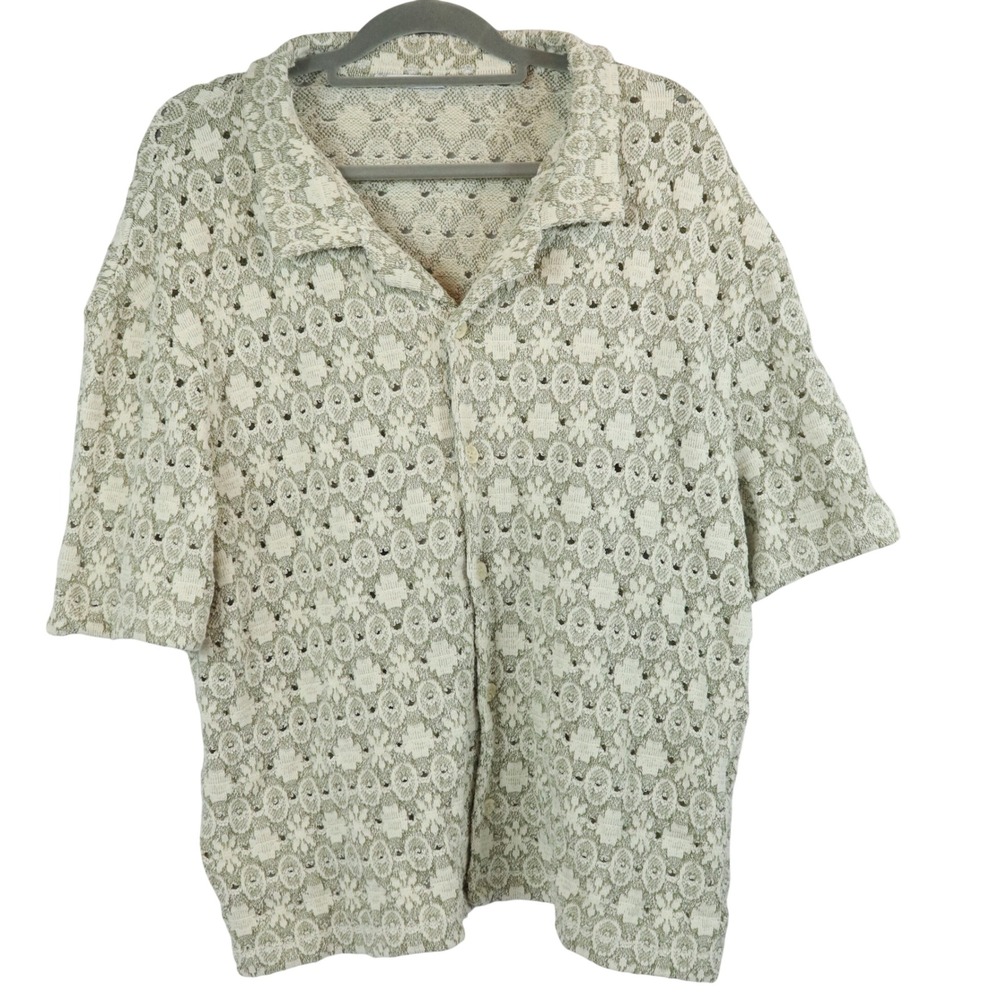 Zara Crochet Knit Open Front Shirt Mens Short Sleeve Button Up Green Cream Sz XL